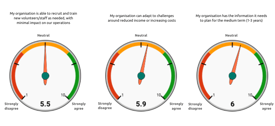 3 gauges displaying an average score of 5.5 for the statement 'My organisation is currently able to recruit and train new volunteers and staff as needed with minimal impact on their operations'. 5.9 for ‘my organisations could adapt to challenges around reduced income or increasing costs’. And 6 for for ‘My organisation has the information it needs to plan for the medium term’.