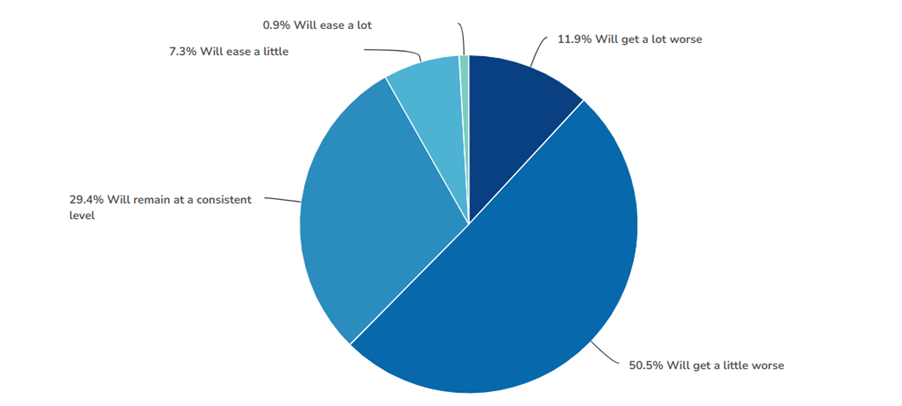 Blue pie chart displaying the percentages of the extent people think budget pressures will get better or worse over the next year.  0.9% think it will ease a lot. 7.3% think it will ease a little. 29.4% think it will remain at a consistent level. 11.9% think it will get a lot worse. 50.5% think it will get a little worse. 