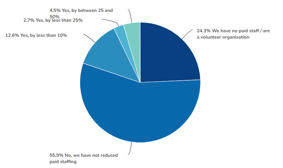 Pie chart displaying the percentages of organisations who have reduced staffing due to budget pressures. 4.5% said yes by between 25 and 50%. 2.7% said yes by less that 25%. 12.6% said yes by less than 10%. 24.3% said we have no paid staff. 55.9% they have not reduced paid staffing.