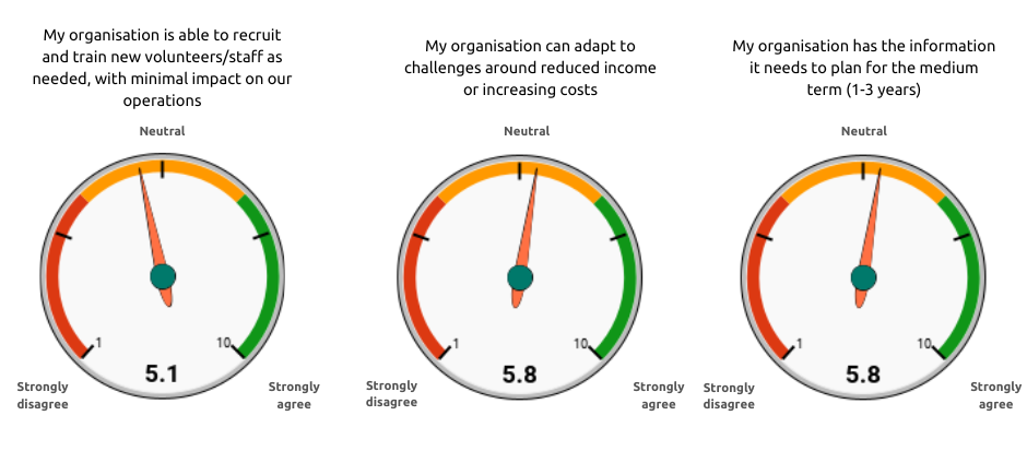 3 gauges displaying an average score of 5.1 for the statement 'My organisation is currently able to recruit and train new volunteers and staff as needed with minimal impact on their operations'. 5.8 for ‘my organisation could adapt to challenges around reduced income or increasing costs’. And 5.8 for for ‘My organisation has the information it needs to plan for the medium term’.